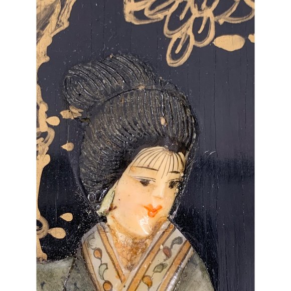 VTG Mini Two Panel Japanese Relief Art Screens Byobu Geishas Decor 6768 - Picture 12 of 16